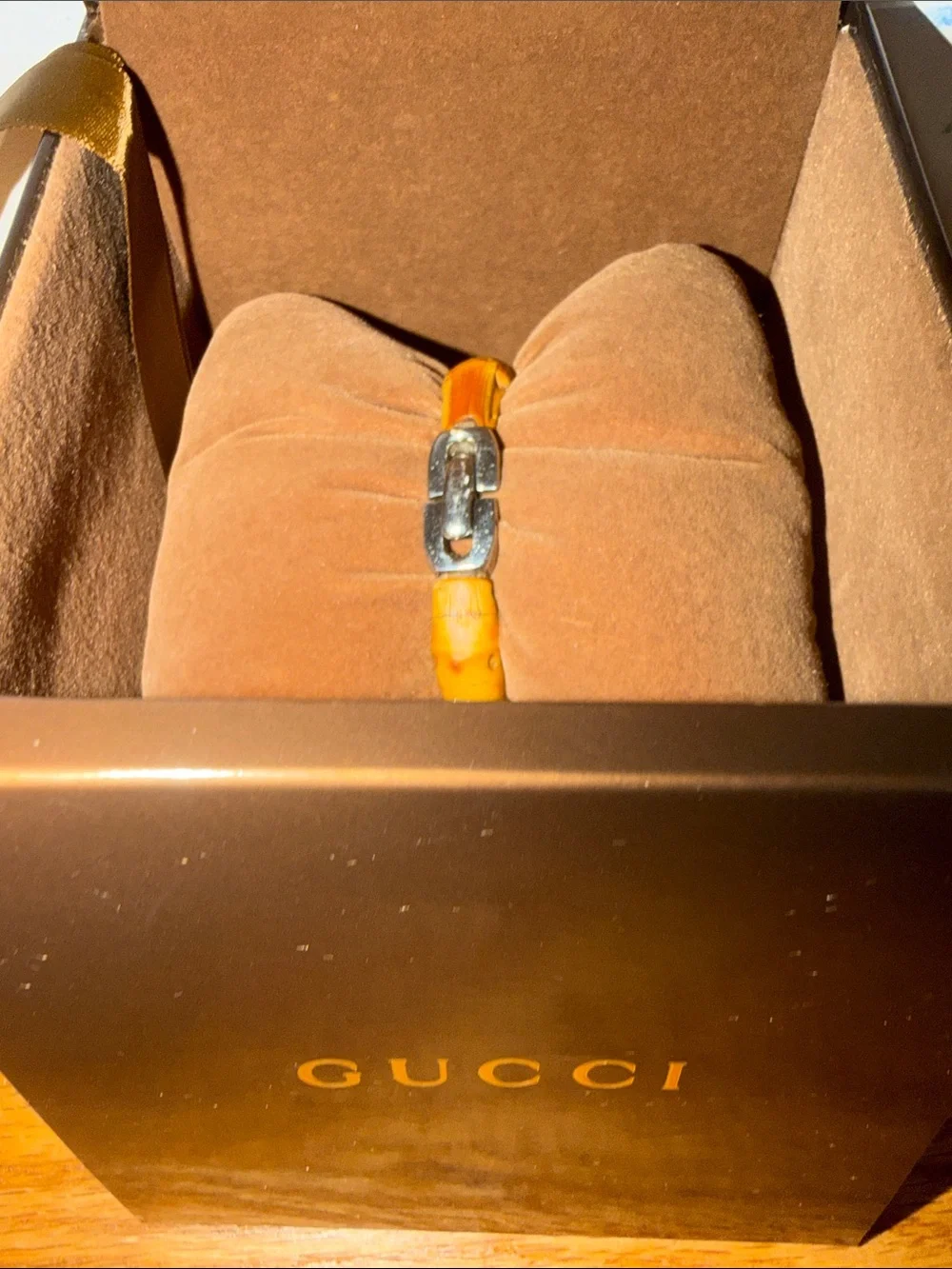 Gucci Silver-Tone Case Watch with Brown Bamboo-Style Strap